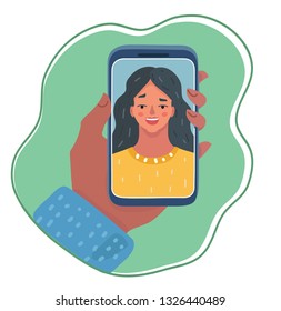 Vector cartoon illustration of Young beautiful Smiling woman on display smartphone. Human hand holding mobile phone and looking at the screen. Chat, Video call, self portrait.