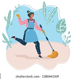 Vector cartoon illustration of young beautiful cleaning maid woman with mop dancing and smiling