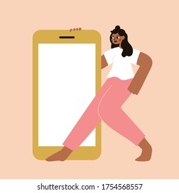 Vector cartoon illustration with young beautiful woman holding big smartphone with white empty display and looking at the screen. Trendy template concept design with mobile phone