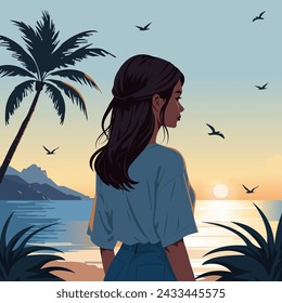 Vector cartoon illustration of a young beautiful girl looking at the sea sunset and flying birds. Back view.
