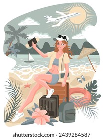 Ilustración de dibujos animados del vector con la mujer hermosa joven con el equipaje en vacaciones en la playa contra el paisaje marino. Fondo de verano, concepto de viaje, diseño plano