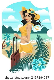 Ilustración de dibujos animados del vector con la mujer hermosa joven con el equipaje en vacaciones en la playa contra el paisaje marino. Fondo de verano, concepto de viaje, diseño plano.