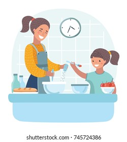 Vector cartoon illustration of young beautiful mother teaches daughter to cook in the kitchen.