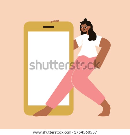 Vector cartoon illustration with young beautiful woman holding big smartphone with white empty display and looking at the screen. Trendy template concept design with mobile phone