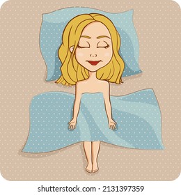 Vector cartoon illustration with the young blond girl lying on the bed top view and closed her eyes stay in meditation.