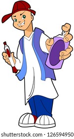 Vector cartoon illustration of a young boy holding a spray can and marker ready to draw graffiti