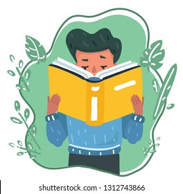 Vector cartoon illustration of Young boy reading book or doing lessons on nature background.