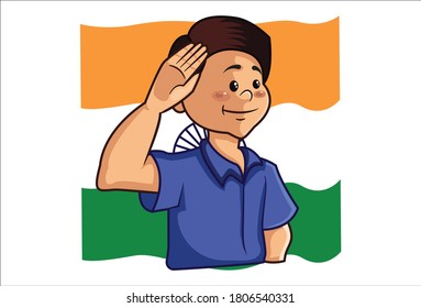 Vector cartoon illustration. Young boy is standing in front of the flag and giving a salute. Isolated on a white background.
