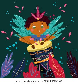 Dibujo vectorial de un joven bailarín y obra en dram, traje brillante de plumas en el carnaval brasileño. Bailarina de niños de dibujos animados