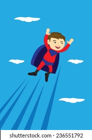 Vector cartoon illustration of a young boy wearing red and blue super hero costume with cape flying in the sky  