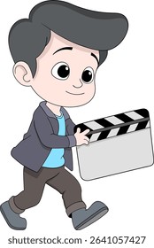 Vector cartoon illustration of a young boy walking while holding a movie clapperboard.