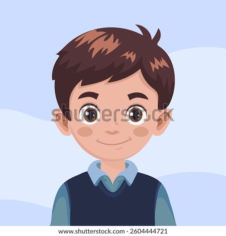 A vector cartoon illustration of a young boy's portrait. The character is depicted from the head and shoulders up, featuring brown hair, brown eyes, and a friendly smile