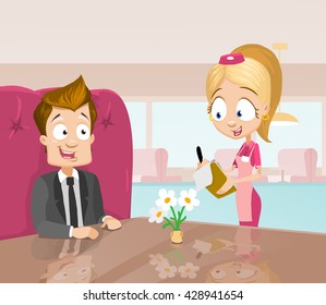 Vector cartoon illustration of young businessman ordering in a cafe. Waitress taking order.