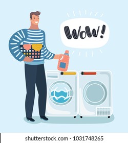 Vector cartoon illustration of young character holding a laundry basket. Washer and dryer. Laundromat. Detergent. Daily chores concept. Male character on isolated background.
