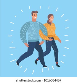 Vector cartoon illustration of a young couple walking. Modern style characters on blue isolation background.