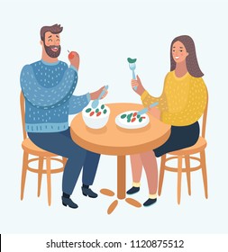 Vector cartoon illustration of young couple eating healthy food at the table, and watch on each other. Lunch together.