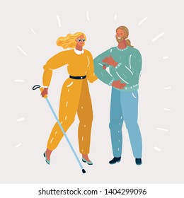 Vector cartoon illustration of Young couple with Blind woman and take care of her man. Family character with cane on white background. Friendship, family, volunteer, relationship, health care concept.
