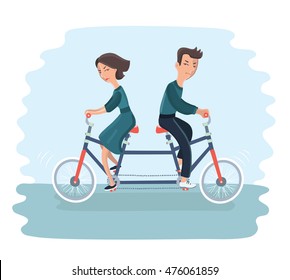Vector cartoon illustration of young couple. Woman and man ride tandem bicycle in different directions. Concept of disagreement, misunderstanding, separation, the crisis in relationship