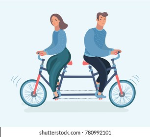 Vector cartoon illustration of young couple. Woman and man ride tandem bicycle in different directions. Concept of disagreement, misunderstanding, separation, the crisis in relationship