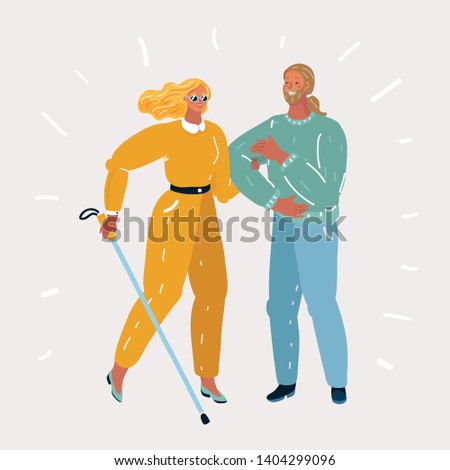 Vector cartoon illustration of Young couple with Blind woman and take care of her man. Family character with cane on white background. Friendship, family, volunteer, relationship, health care concept.