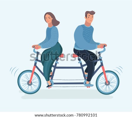 Vector cartoon illustration of young couple. Woman and man ride tandem bicycle in different directions. Concept of disagreement, misunderstanding, separation, the crisis in relationship
