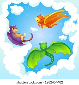 Vector cartoon illustration of young dragons flying in clouds