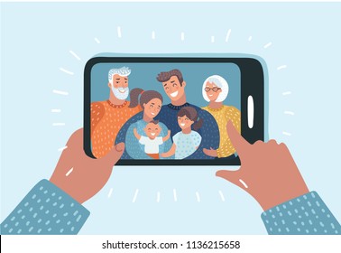 Vector cartoon illustration. Young family with 2 kids, grandmother and grandfather are having video call using the smartphone. Human hand hold device and connect online communication. Grandma, grandpa