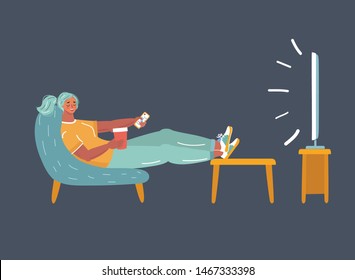 Vector cartoon illustration of young girl sits in the dark at night, enthusiastically watches TV series on tv screen.