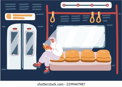 Vector cartoon illustration of young girl reading the book in train in metro.