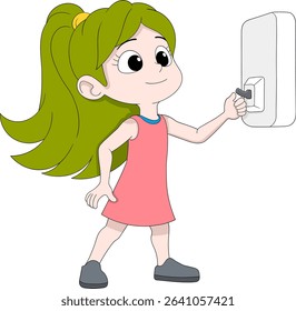 Vector cartoon illustration of a young girl flipping an electrical switch. 