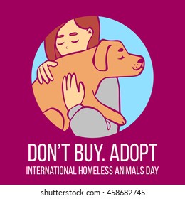 Vector cartoon illustration of young girl hugging dog. Human with dog in his hands. Hand drawn isolated objects in circle on purple background. International Homeless Animals Day. Adopt, don't buy.