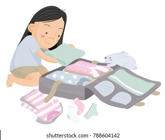 Vector Cartoon Illustration Of Young Girl Getting Ready To Travel And Packing Clothes In A Suitcase Isolated Against White Background