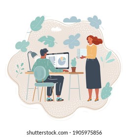 Vector cartoon illustration of young and good-looking business people are working in office