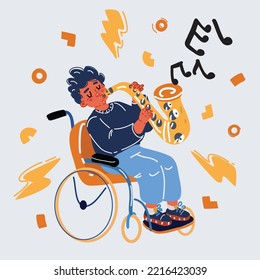 Vector cartoon illustration of young handsome boy sitting in wheelchair plays sax in concert. Person in hospital.