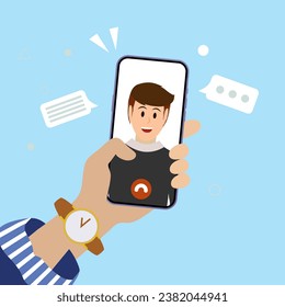 Vektorgrafik-Illustration des jungen gut aussehenden Jungen auf dem Smartphone. Die menschliche Hand, die Handy hält und den Bildschirm anschaut. Chat, Videoanruf, Selbstporträt. Vektorgrafik.
