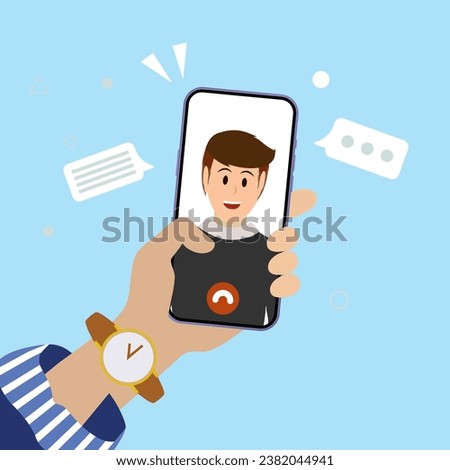 Vector cartoon illustration of Young handsome boy on display smartphone. Human hand holding mobile phone and looking at the screen. Chat, Video call, self portrait. Vector.