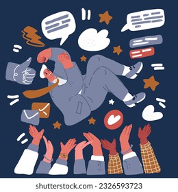 Vector cartoon illustration of young happy business man thrown into the air by his friend to celebrate his successive business. Job promotion concept over dark background