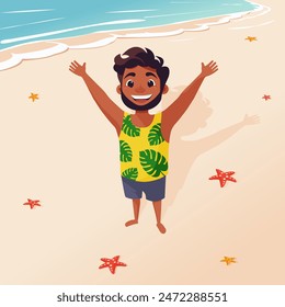 Vector cartoon illustration of a young happy man in bright summer clothes relaxing on the beach. 
