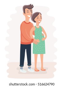 Vector cartoon illustration of Young happy couple. Pregnant wife and her husband together.