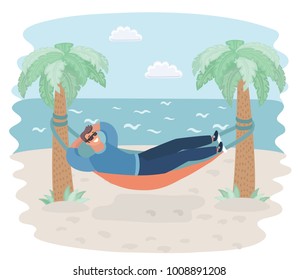 Vector cartoon illustration of a young man on the beach relaxing under the heat of the sun with two palm tree. A contemporary style. Sea, lazy vacation, downshifting, freelance. Freedom in tropical re