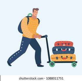 Vector cartoon illustration of Young man pushing airport trolley with luggage, suitcases, bags, man going on vacation, holidays or relocate pushing luggage trolley in the airport.