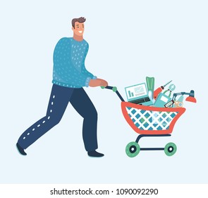 Vector cartoon illustration of Young man pushing full supermarket cart. Customer shopping at supermarket. Happy man walking with trolley on white background.