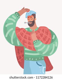 Vector cartoon illustration of Young man having a cold,. A guy in red scarf with thermometer in his mouth and ice cup on his head. Human character on white bakcground.