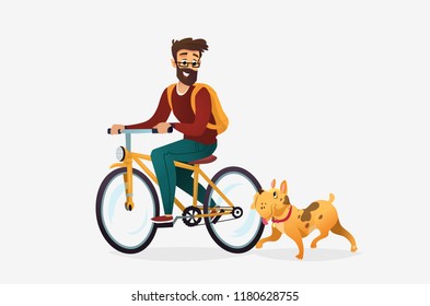 Vector cartoon illustration of young man riding bicycle in a park a dog runs near him. Male cartoon character. Pets on a walk. Isolated on a white background.