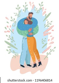 Vector cartoon illustration of young man and girl standing and embracing in flower. Couple stay together and give each other a hug.
