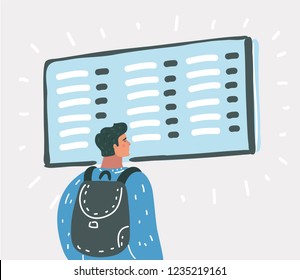 Vector cartoon illustration of Young man with backpack in airport near flight timetable.