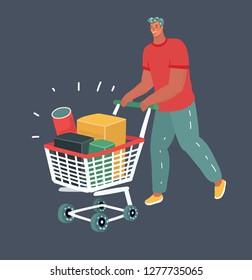 Vector cartoon illustration of Young man pushing supermarket shopping cart full of purcase. Human male character isolated on dark background.