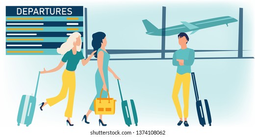 Vector cartoon illustration of young man and woman with baggage waiting for plane departure at airport and looking at the flight information board. Business travel concept. Flat style.