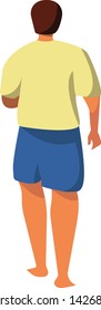 Vector cartoon illustration of young man walking on white background back view.