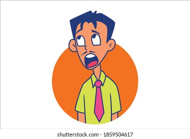 Vector cartoon illustration. Young man is shocked and looking up. Isolated on white background.